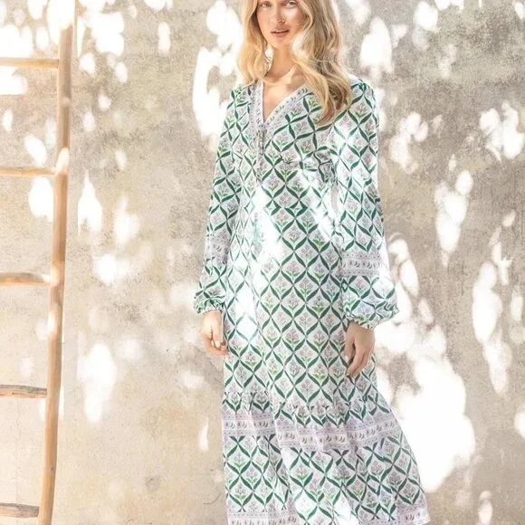 Sunny Spirit Maxi Boho Floral Print V Neck Flowy Tassel with Long Puff Sleeves. - Picture 2 of 16